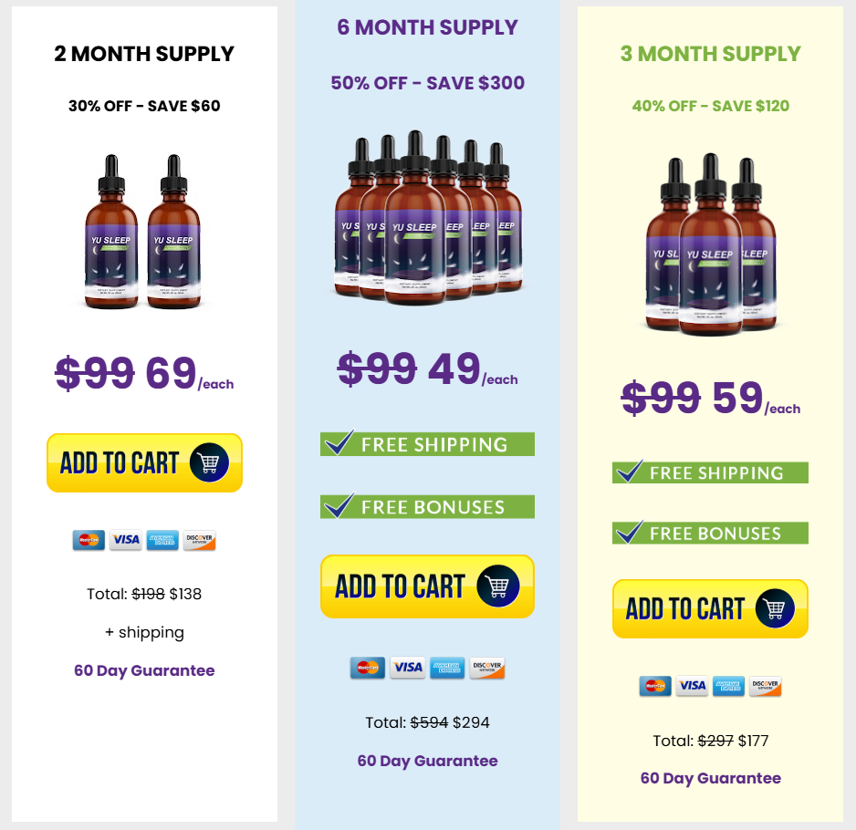 Yu Sleep pricing packages — 2 month, 3 month and 6 month supply with bonuses